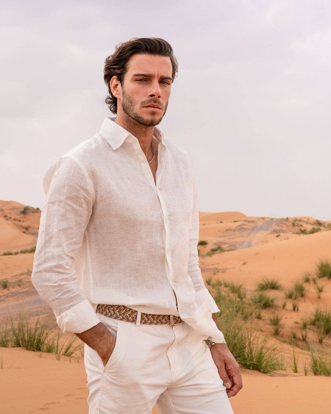 Camicia in lino riciclato avorio da uomo