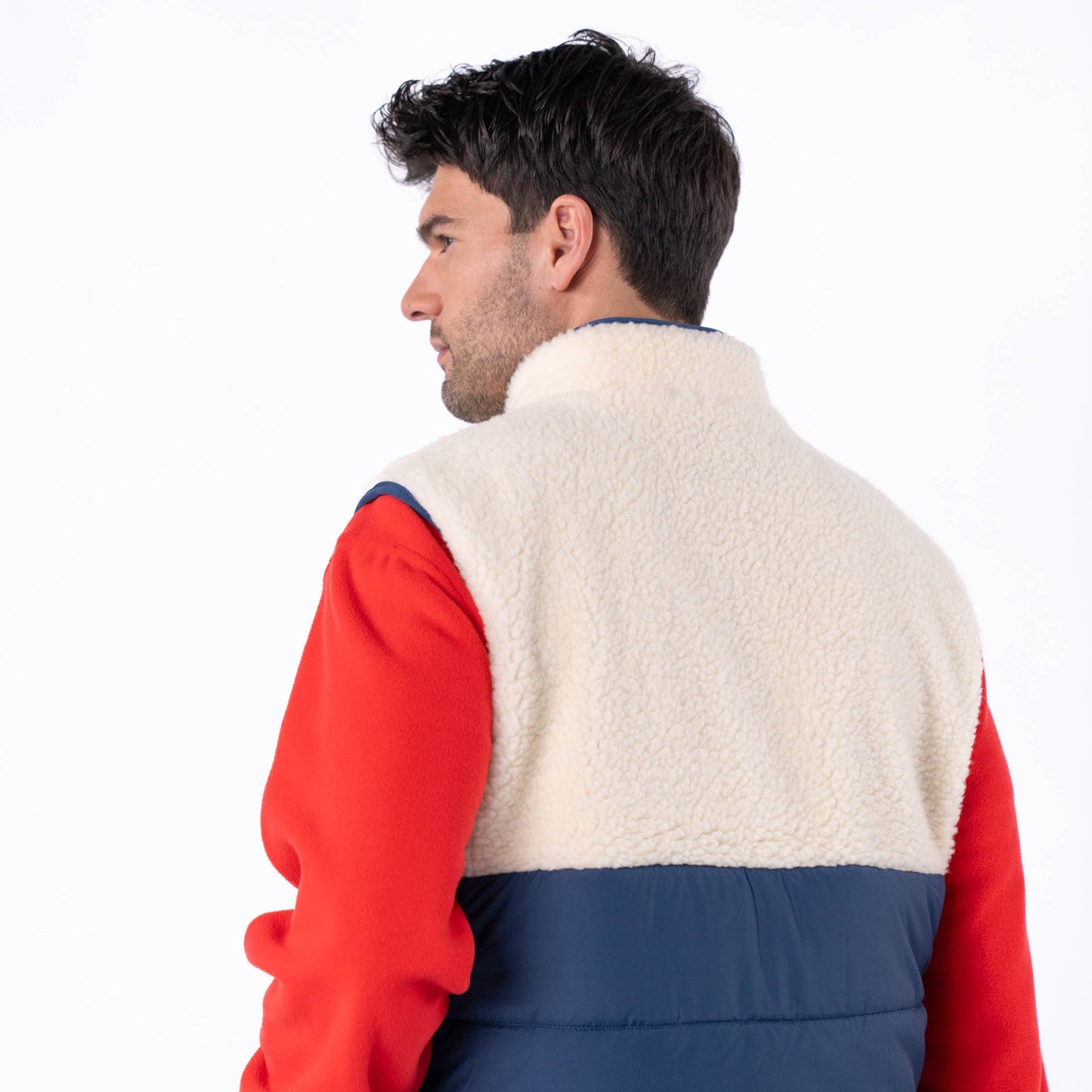 Gilet smanicato sherpa color block avorio e blu navy