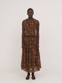 Gonna midi elegante in pizzo e velluto marrone