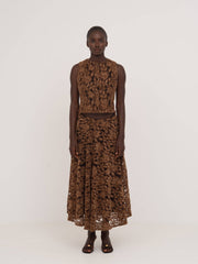 Gonna midi elegante in pizzo e velluto marrone