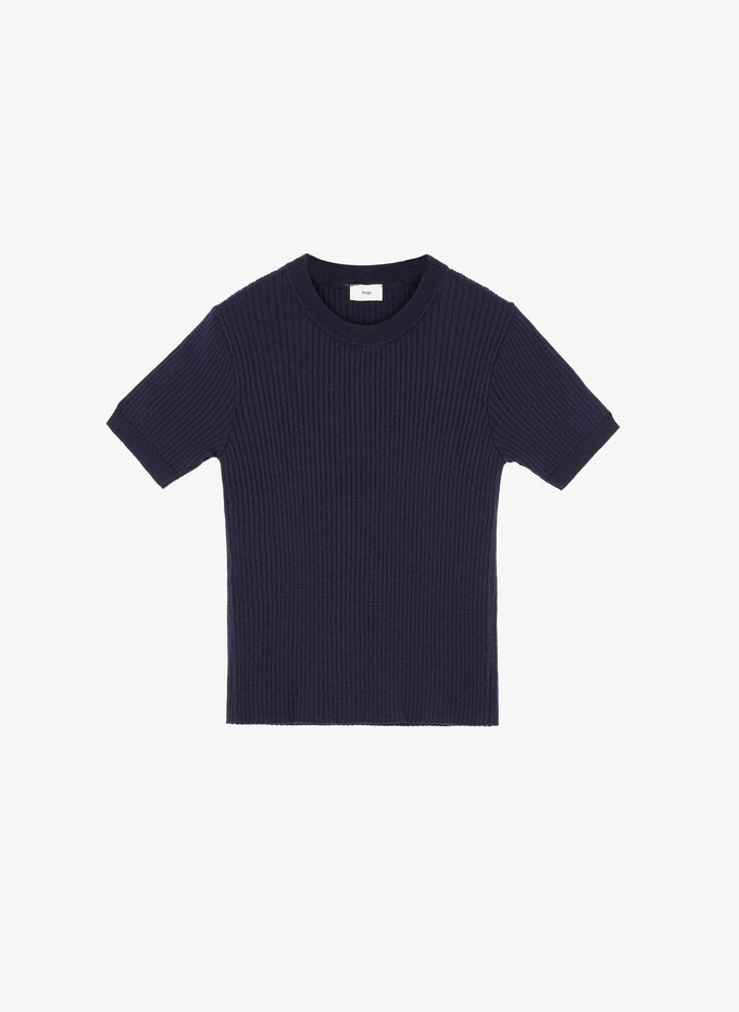 Maglia a coste blu marino a manica corta