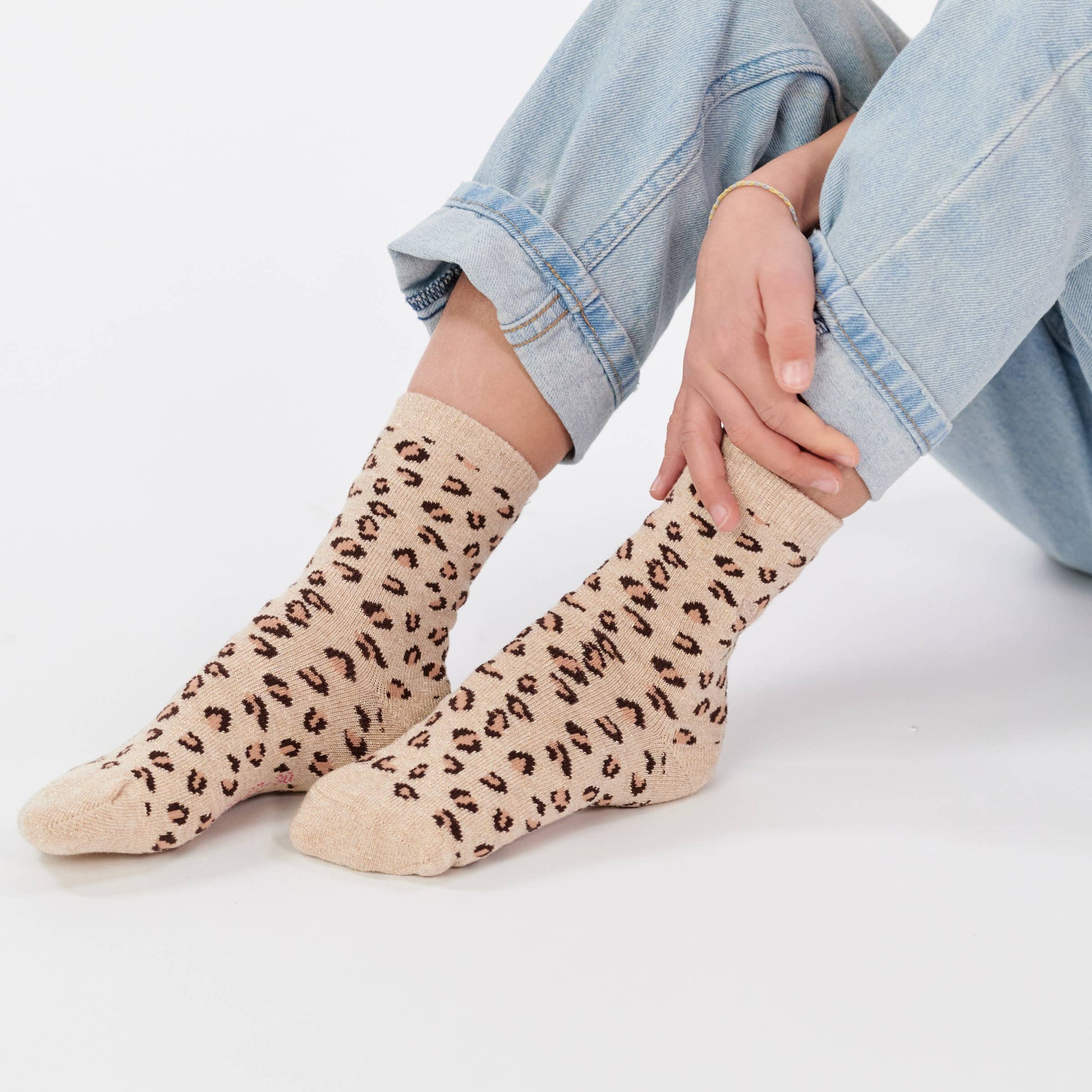 Calzini bambina leopardati beige glitter