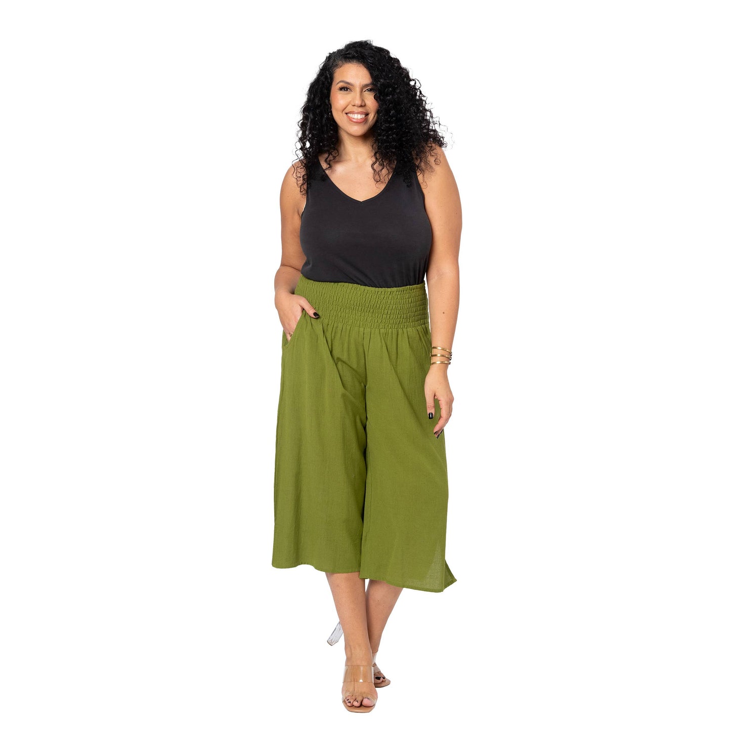 Pantaloni culotte estivi in lino plus size verdi da donna