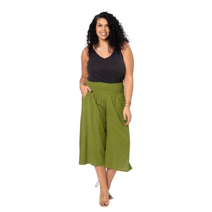 Pantaloni culotte estivi in lino plus size verdi da donna