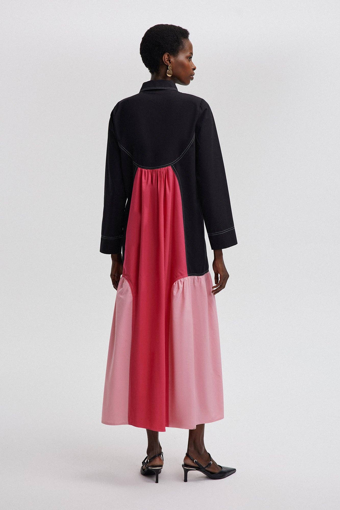 Abito maxi color block con colletto in misto cotone