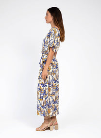 Abito midi Meloty con stampa blu e cintura annodata