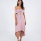 Abito lungo rosa off-shoulder elasticizzato