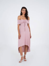 Abito lungo rosa off-shoulder elasticizzato