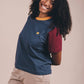 T-shirt donna color block blu con ricamo elefante