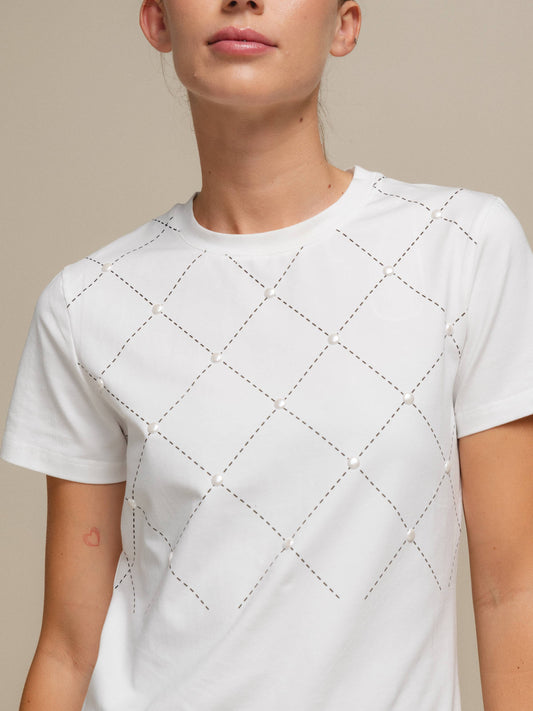 T-shirt Donna in Cotone Elasticizzato con Motivo a Rombi e Perle
