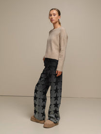 Jeans donna a gamba ampia con stampa stelle