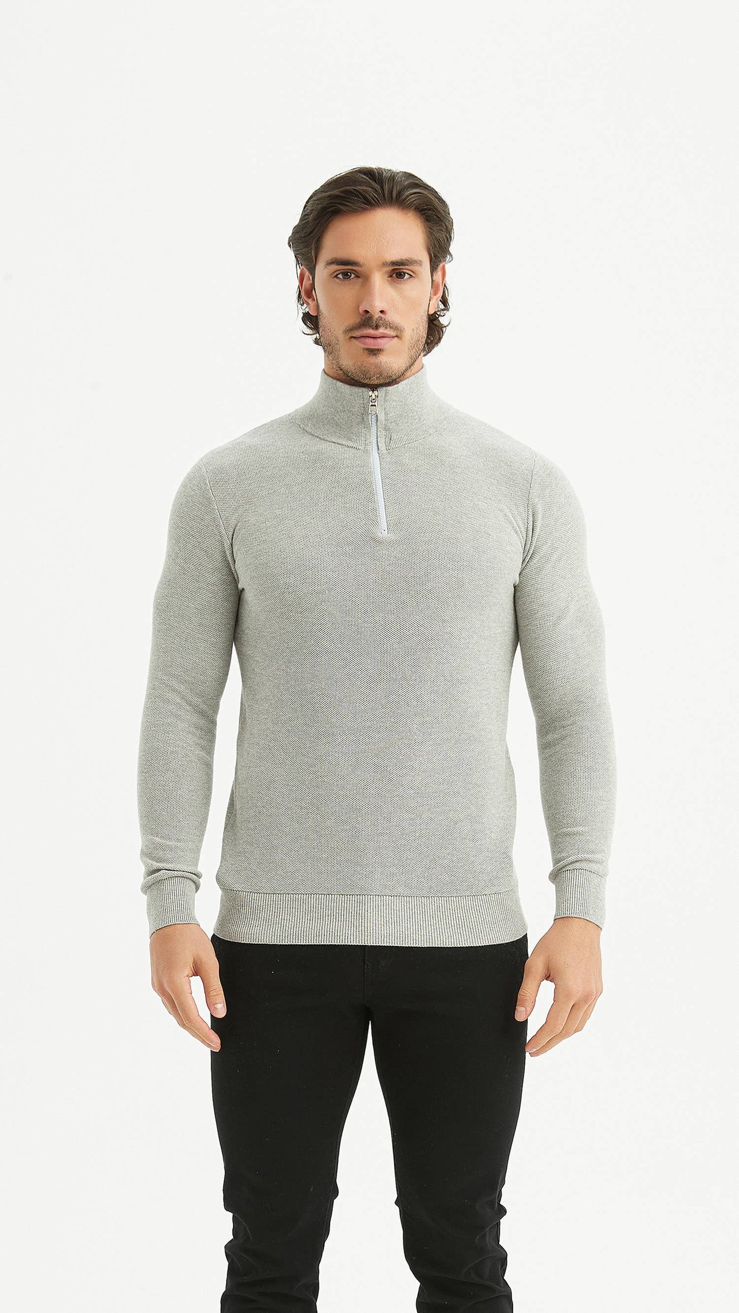 Maglione in cotone con collo alto e mezza zip grigio