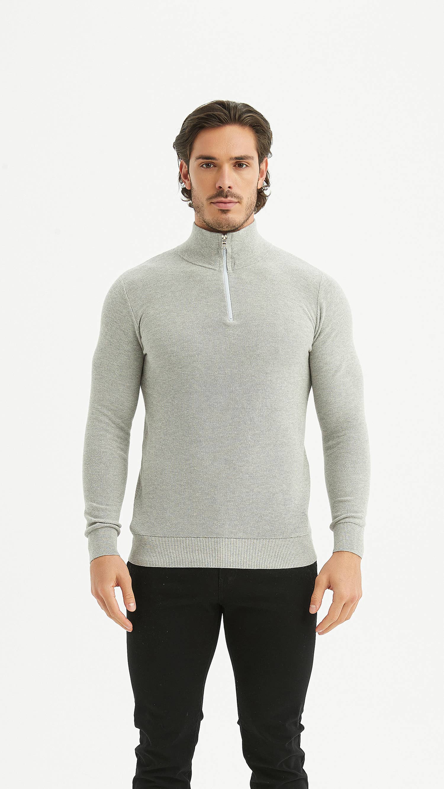 Maglione in cotone con collo alto e mezza zip grigio