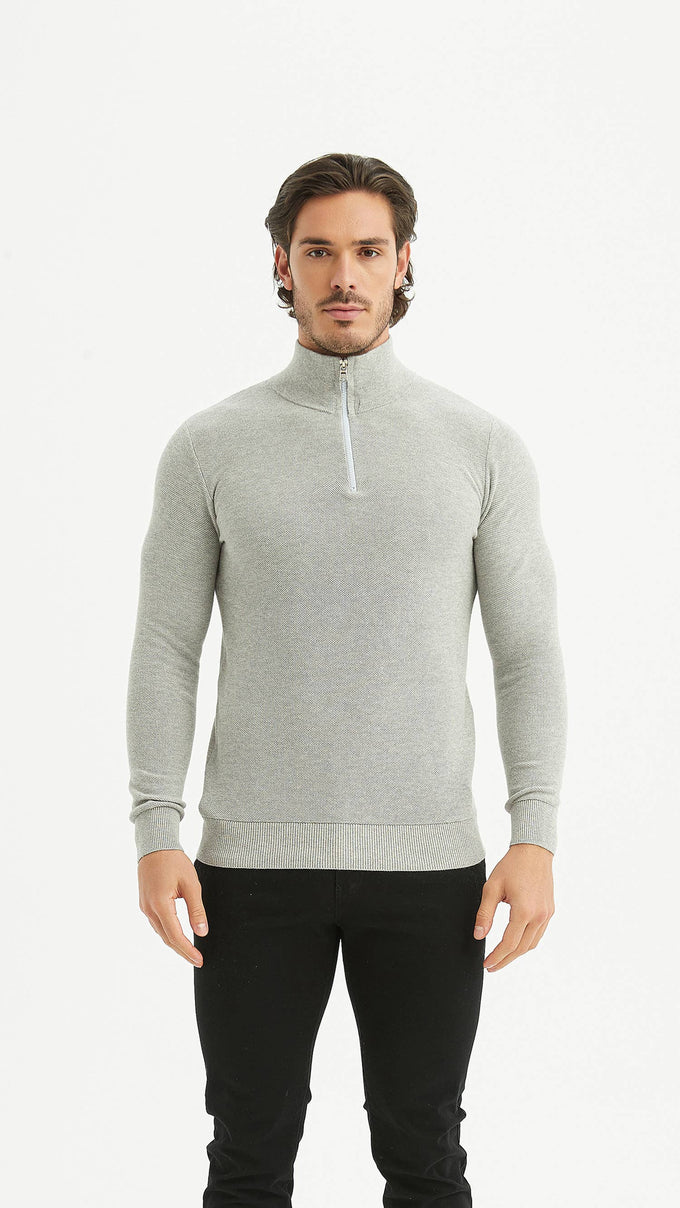 Maglione in cotone con collo alto e mezza zip grigio