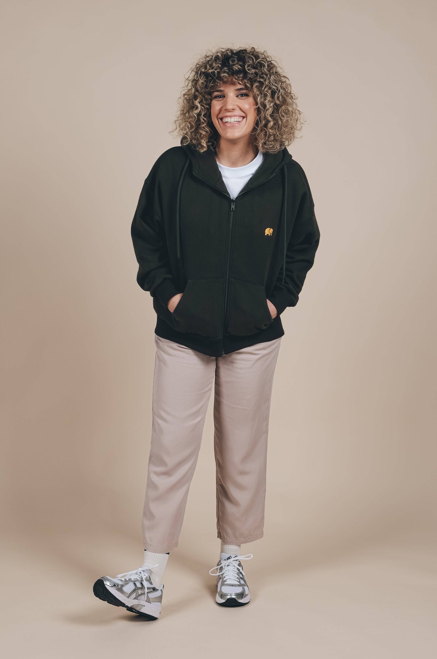 Felpa oversize con cappuccio e zip in cotone biologico verde scarabeo da donna