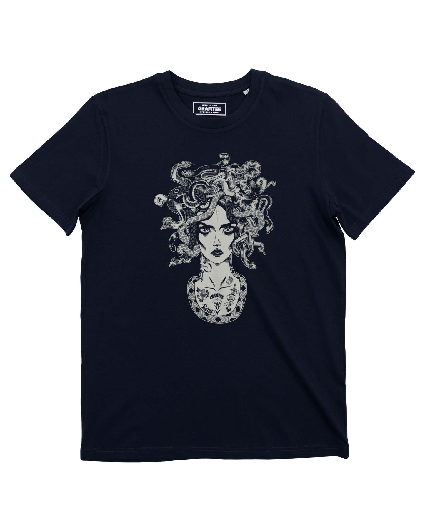 T-shirt Medusa navy con grafica skateboard