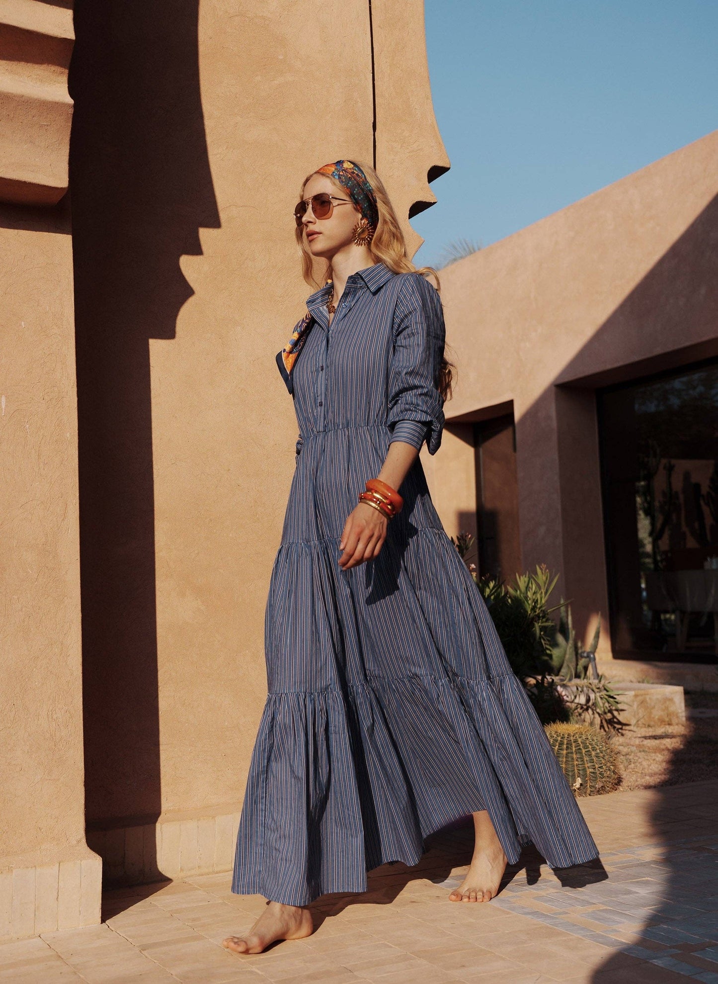 Vestito lungo chemisier a righe indigo