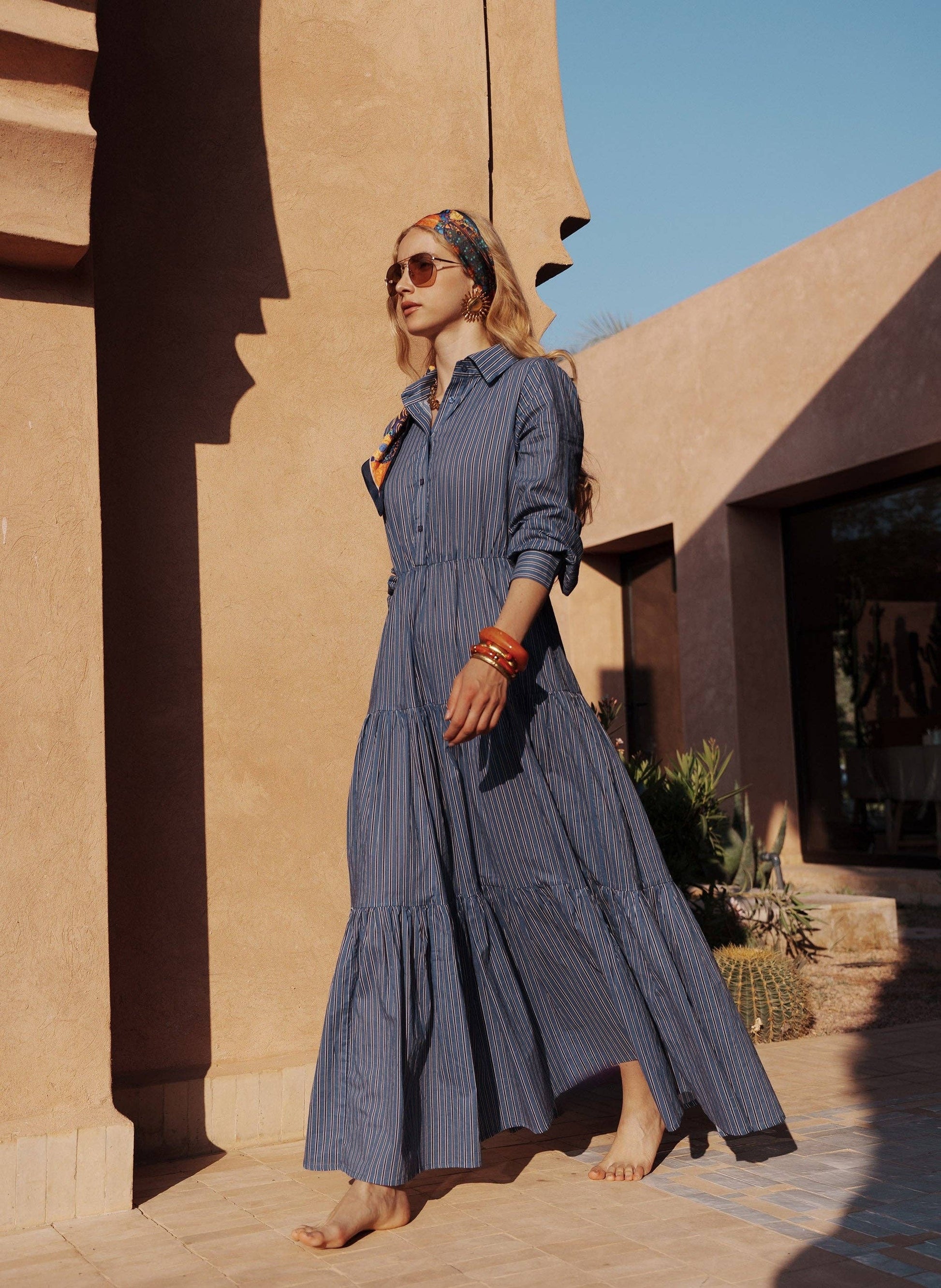 Vestito lungo chemisier a righe indigo