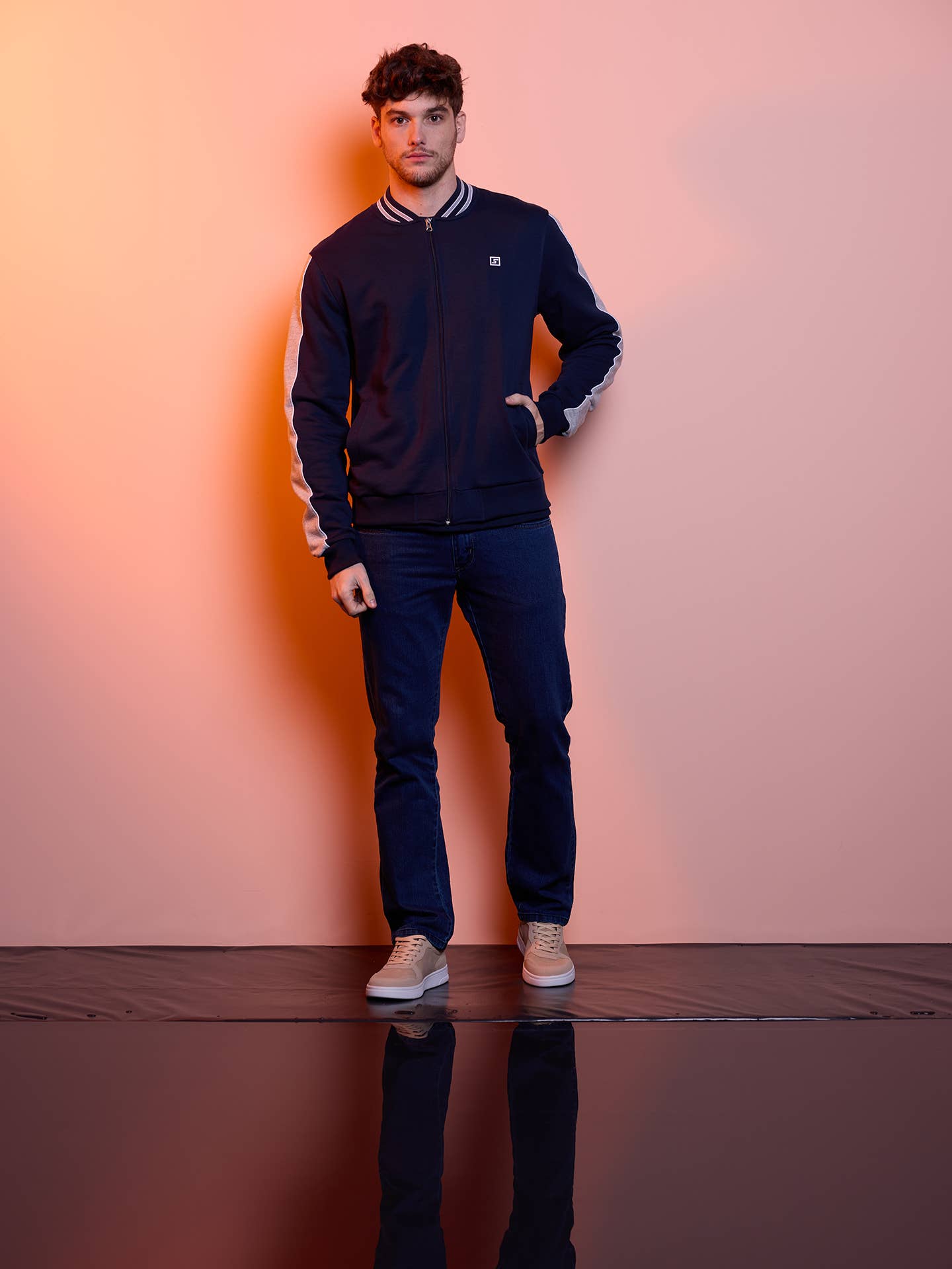 Giacca bomber con zip in cotone e poliestere blu navy