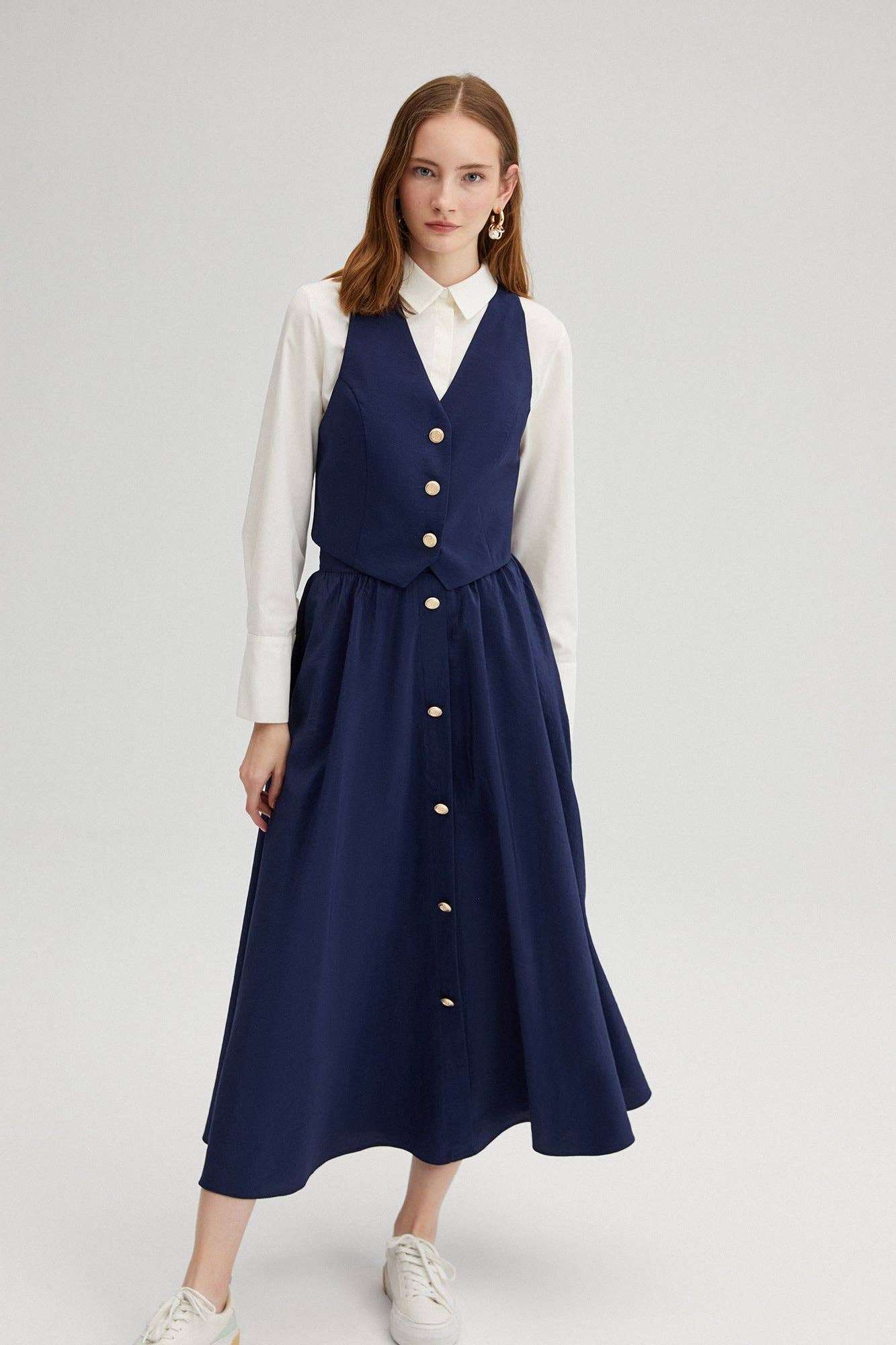 Completo gilet e gonna midi blu navy