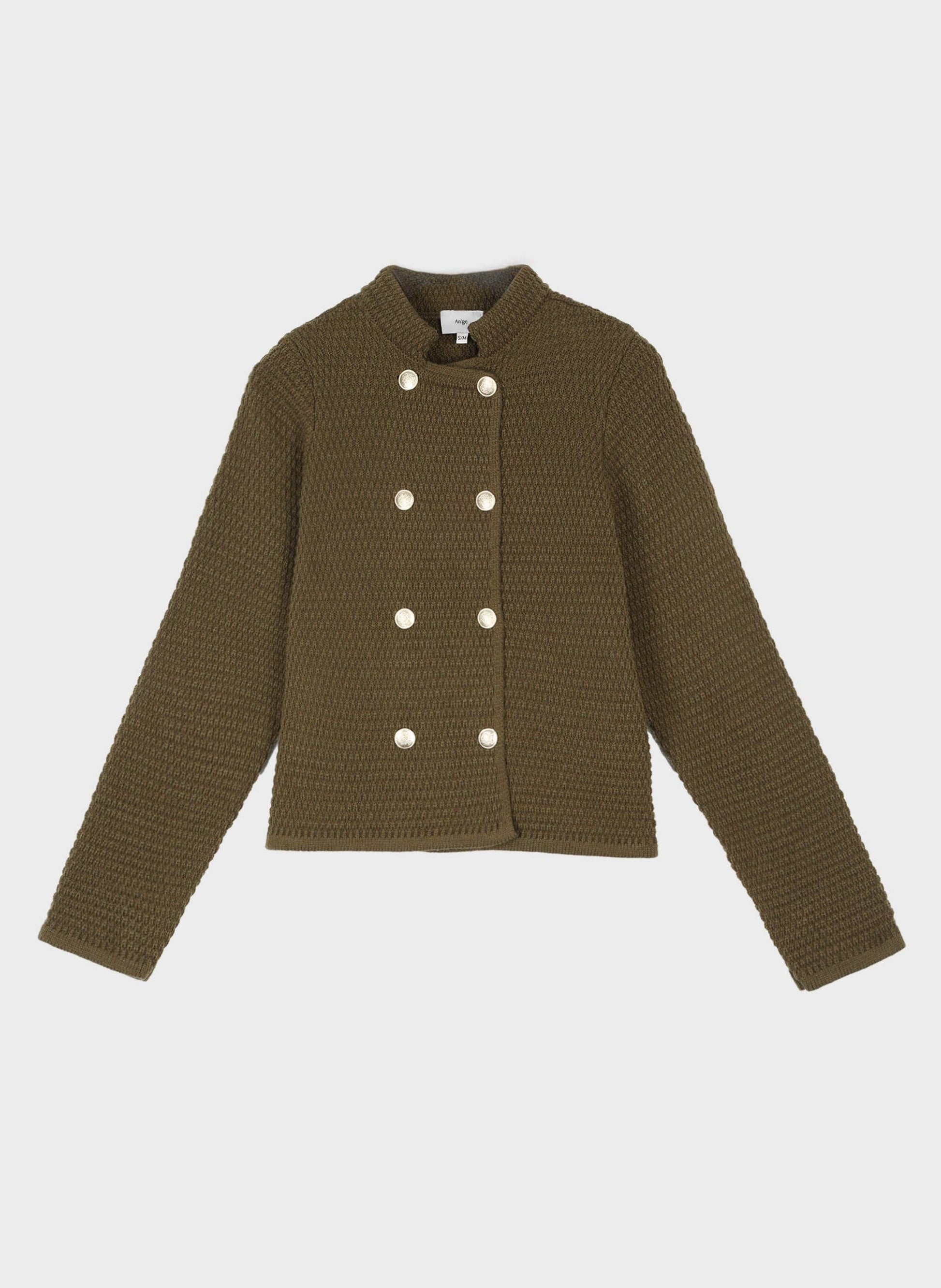 Gilet in maglia verde militare con bottoni dorati