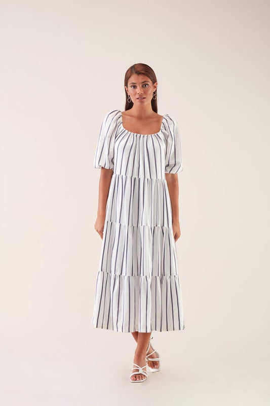 Abito midi a righe con maniche a sbuffo