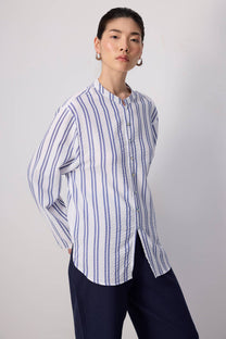 Camicia a righe blu e bianche in misto cotone con collo alla coreana