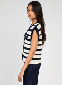 Cardigan smanicato a righe blu navy
