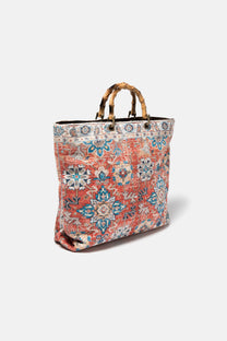 Borsa tote effetto velluto con manici effetto bambù