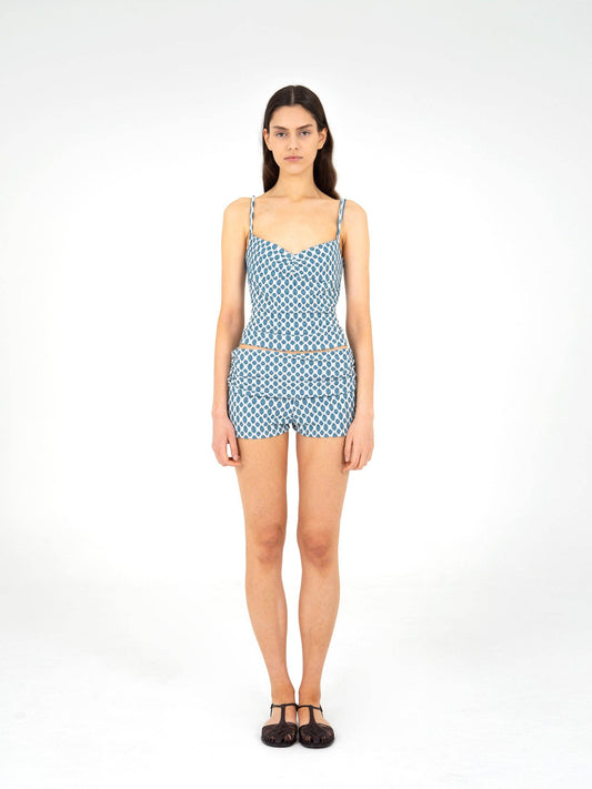 Top arricciato in jersey blu con scollo a cuore