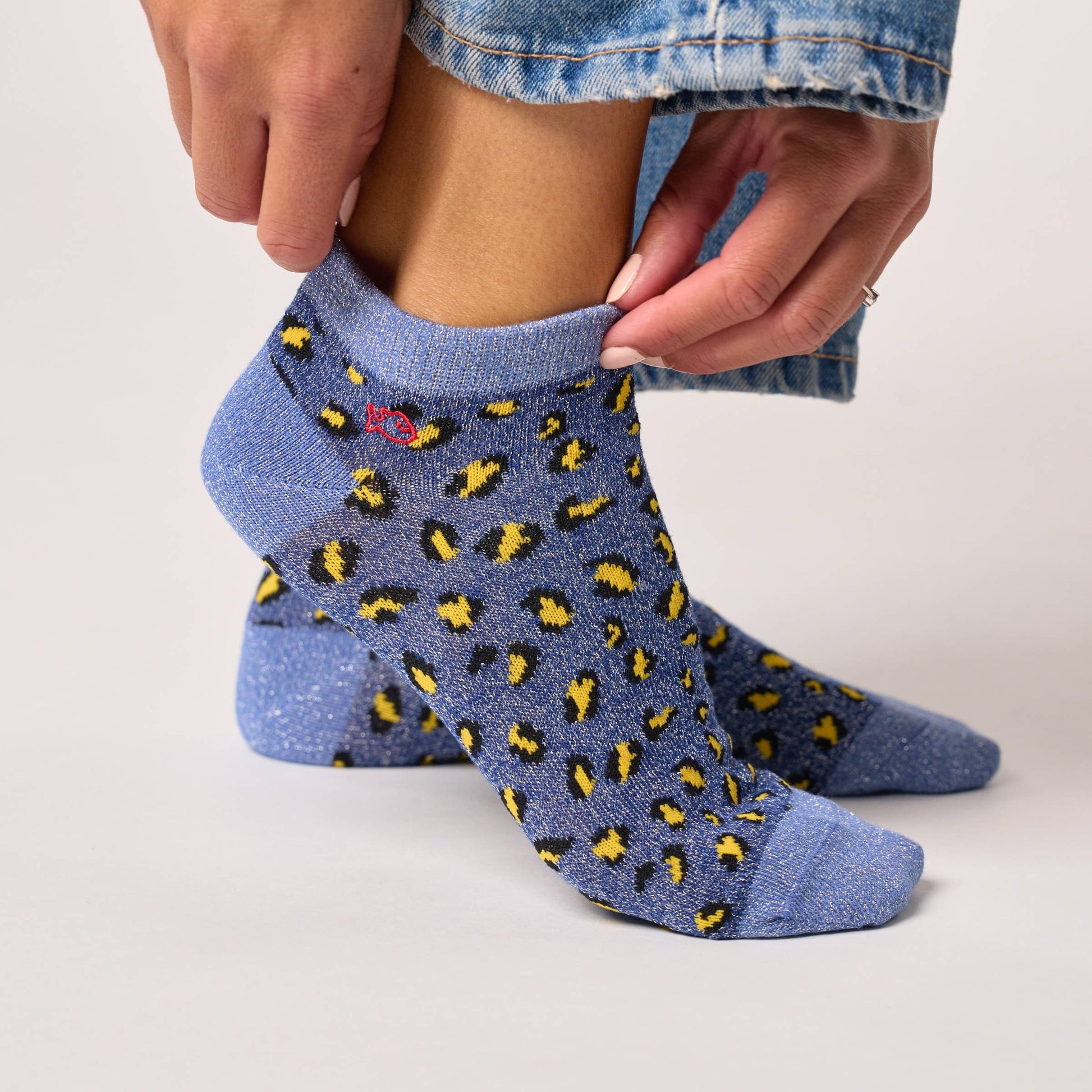 Calzini bassi glitterati leopardati in cotone pettinato blu navy