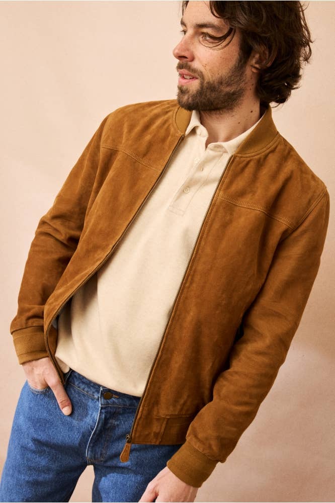 Giacca Mac in pelle scamosciata color caramello