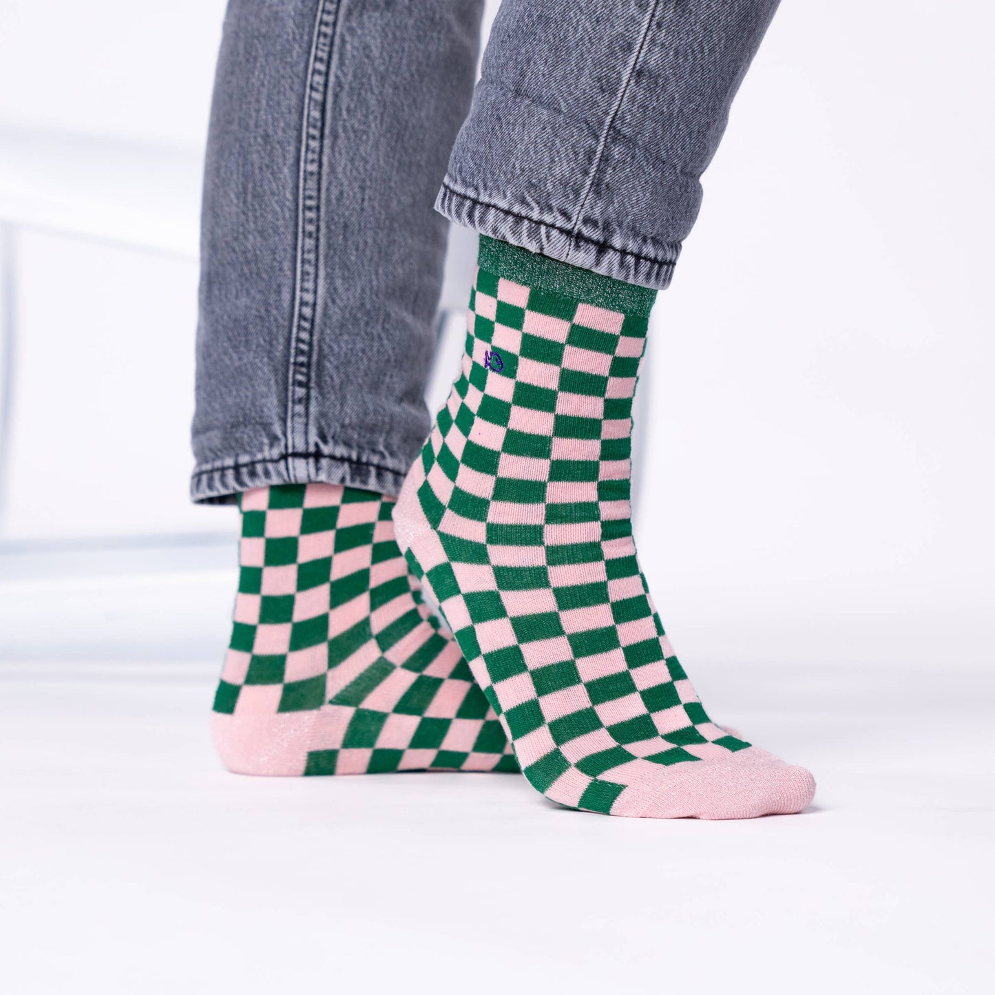 Calzini a scacchi in cotone pettinato verde e rosa