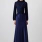 Abito lungo blu navy drappeggiato con maniche a palloncino
