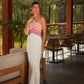 Abito lungo con spalline incrociate e righe multicolor