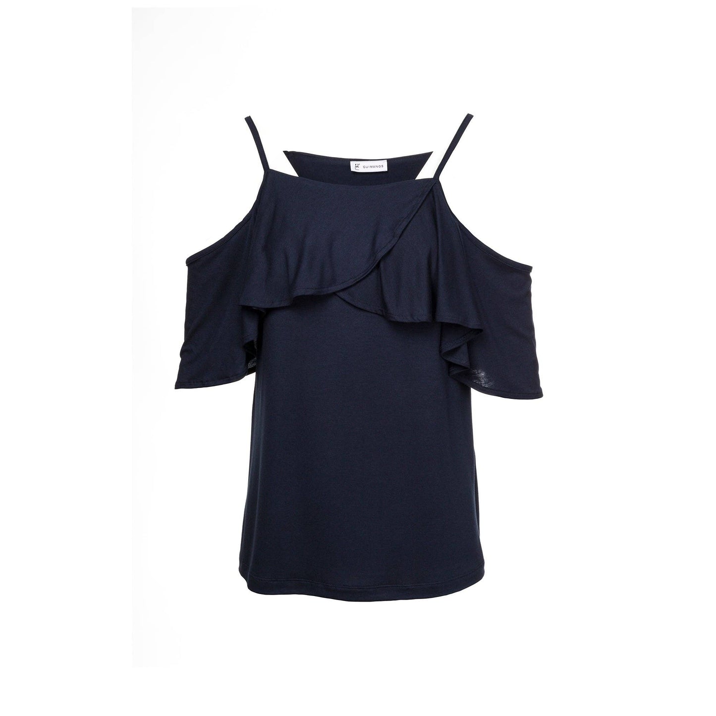 T-shirt con spalle scoperte e volant
