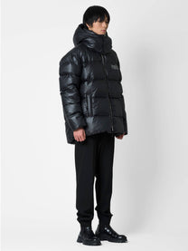 Bomber oversize con stampa testuale e cappuccio staccabile