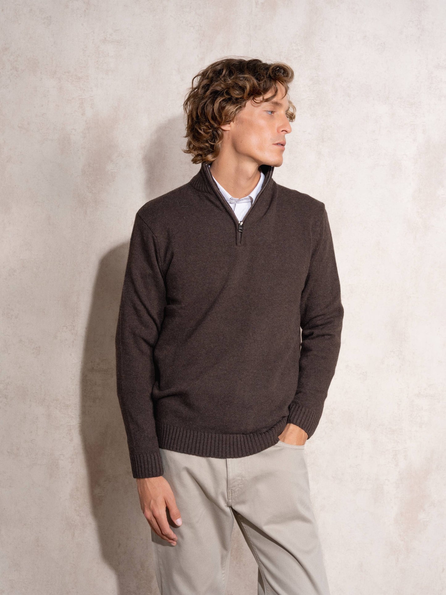 Maglione polo in cotone con mezza zip da uomo