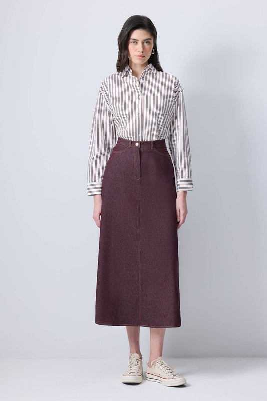 Gonna midi in denim bordeaux