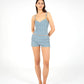 Top arricciato in jersey blu con scollo a cuore