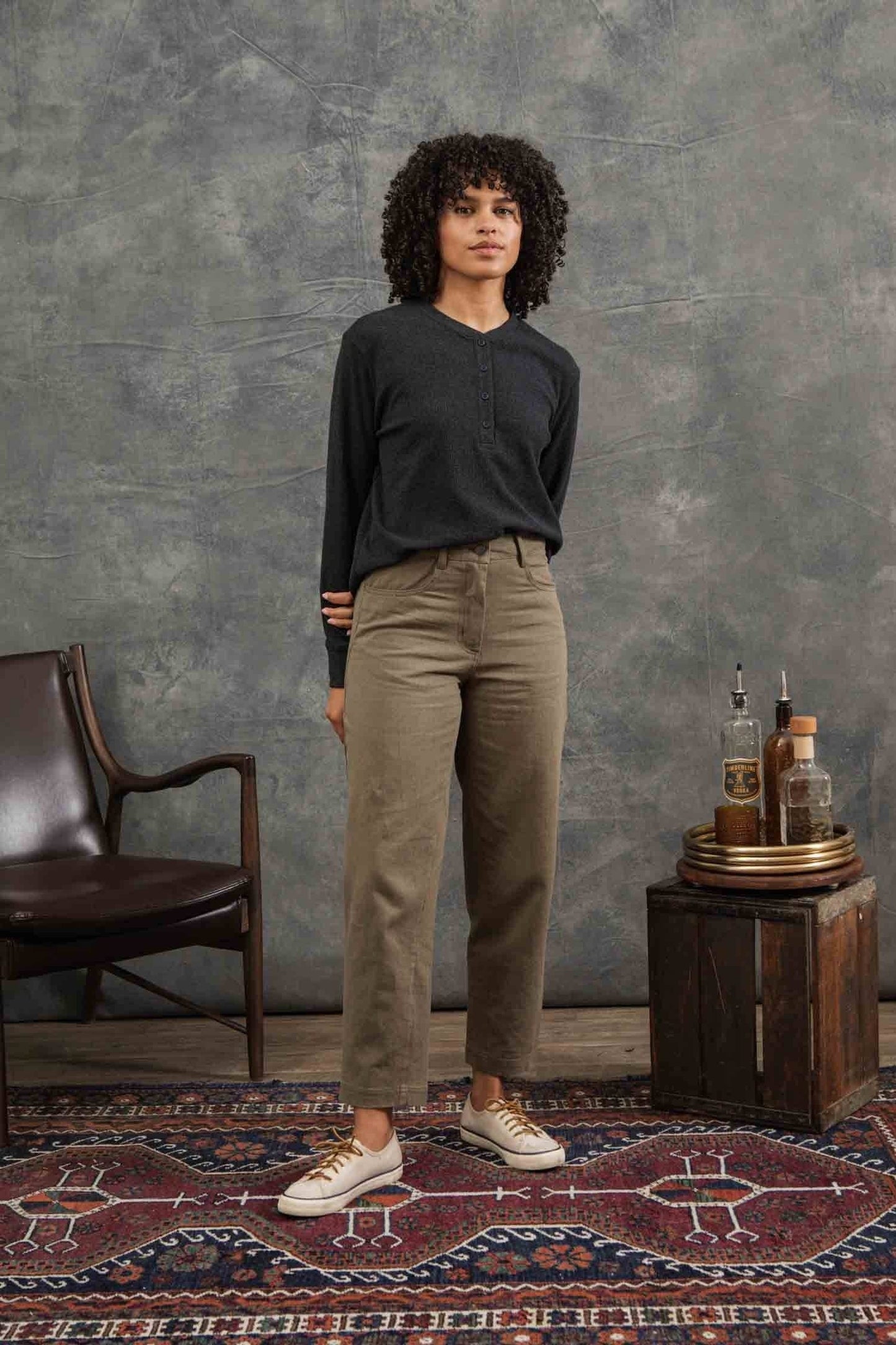 Henley a coste in waffle riciclato da donna color carbone mélange