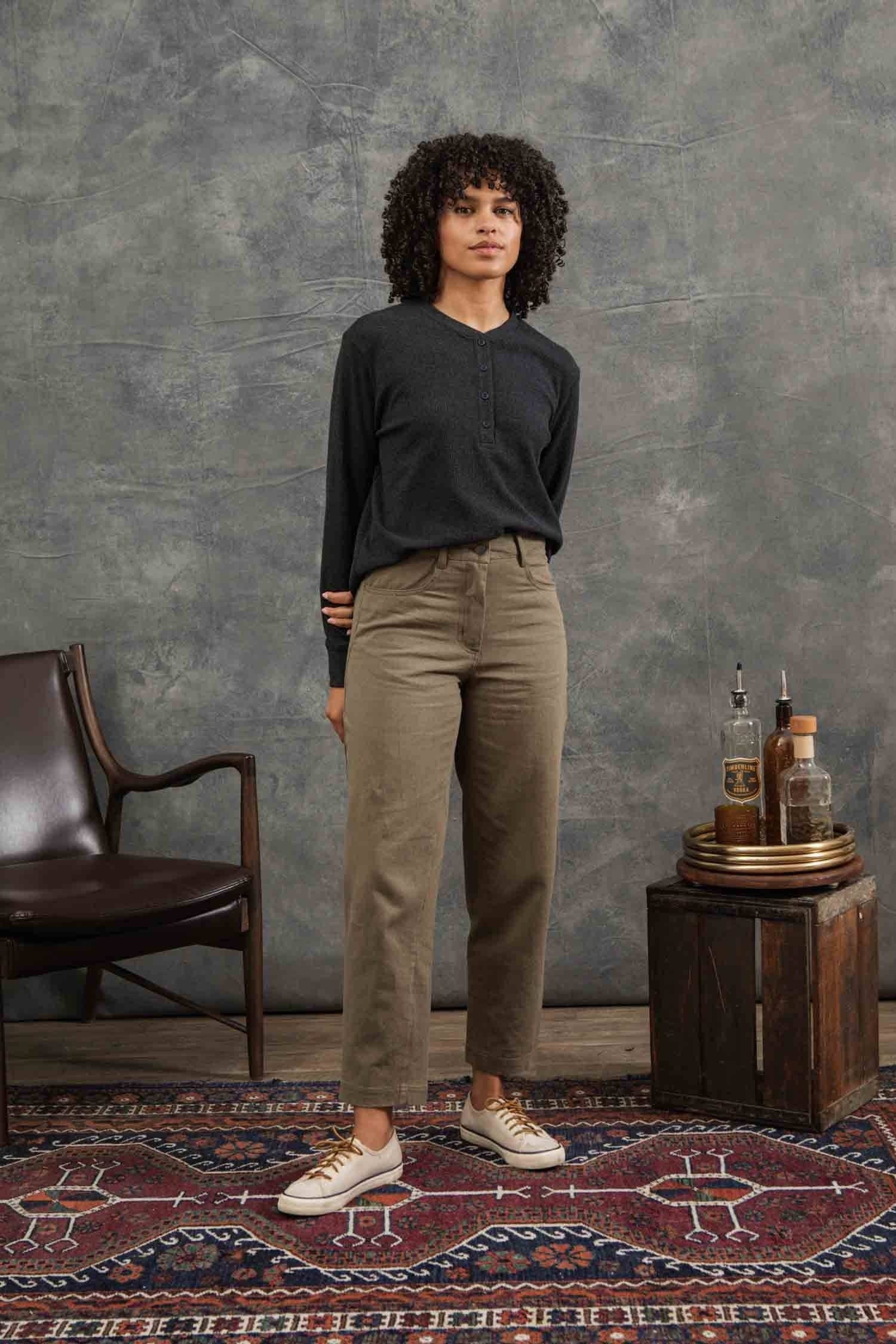 Henley a coste in waffle riciclato da donna color carbone mélange