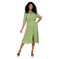 Abito chemisier midi verde in cotone con cintura