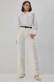 Pantaloni cargo in gabardine di cotone ecrù