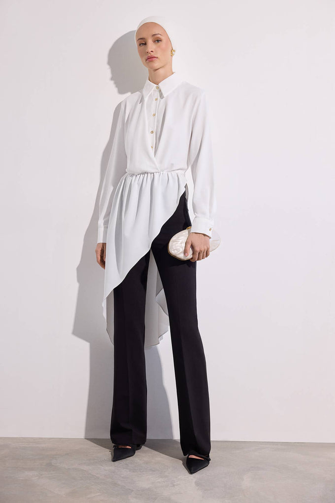 Tunica Camicia Asimmetrica Bianca con Vita Arricciata