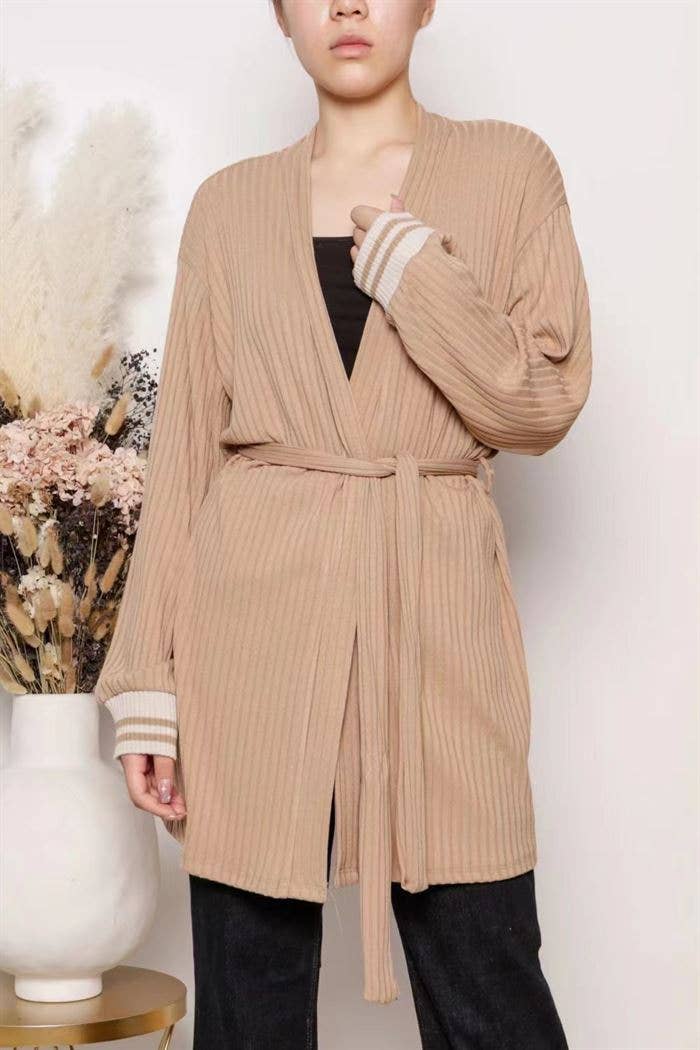 Cardigan lungo a coste con cintura