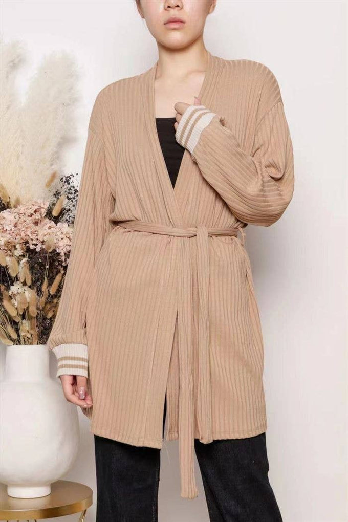 Cardigan lungo a coste con cintura