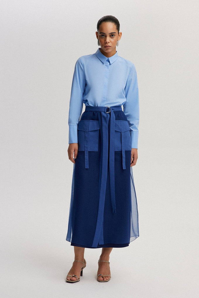 Gonna midi in organza con tasche e cintura