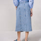 Gonna midi in denim con bottoni a pressione e tasche laterali