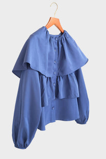 Blusa corta indaco con balze e maniche a sbuffo in cotone misto